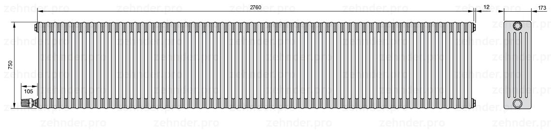 Схема (чертеж) Радиатор Zehnder Charleston 5075/60 №V004 Белый глянцевый RAL 9016